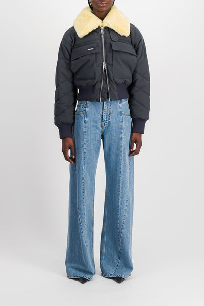 Extra wide leg blue denim jeans with cut-out belt