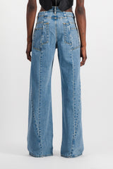 Extra wide leg blue denim jeans with cut-out belt