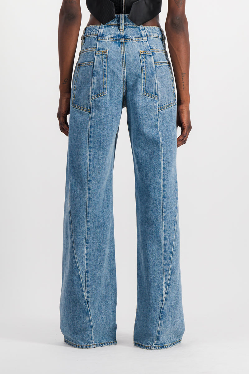 Maison Margiela - Extra wide leg blue denim jeans with cut-out belt