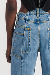 Extra wide leg blue denim jeans with cut-out belt