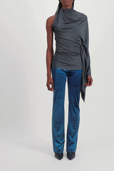 One sleeve draped shiny top