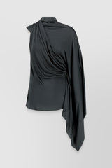 One sleeve draped shiny top