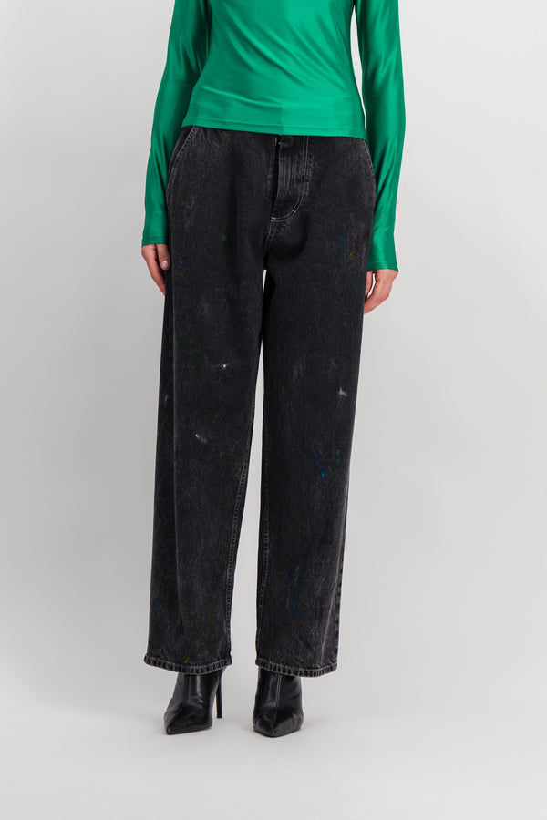 Washed black cropped boyfriend wide leg jeans