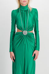 Draped cut-out maxi dress with crystal brooch