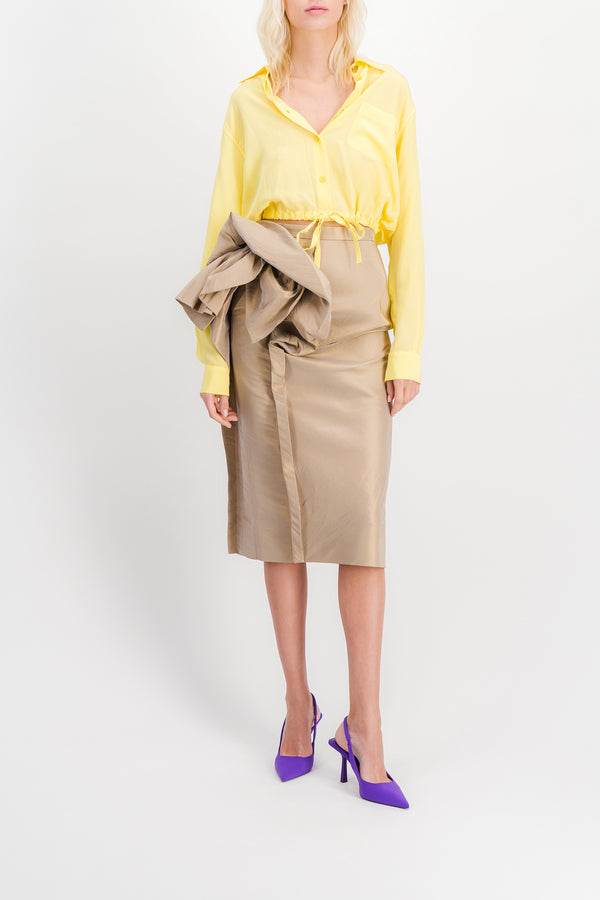 Transparent nylon pencil midi skirt with draped flower