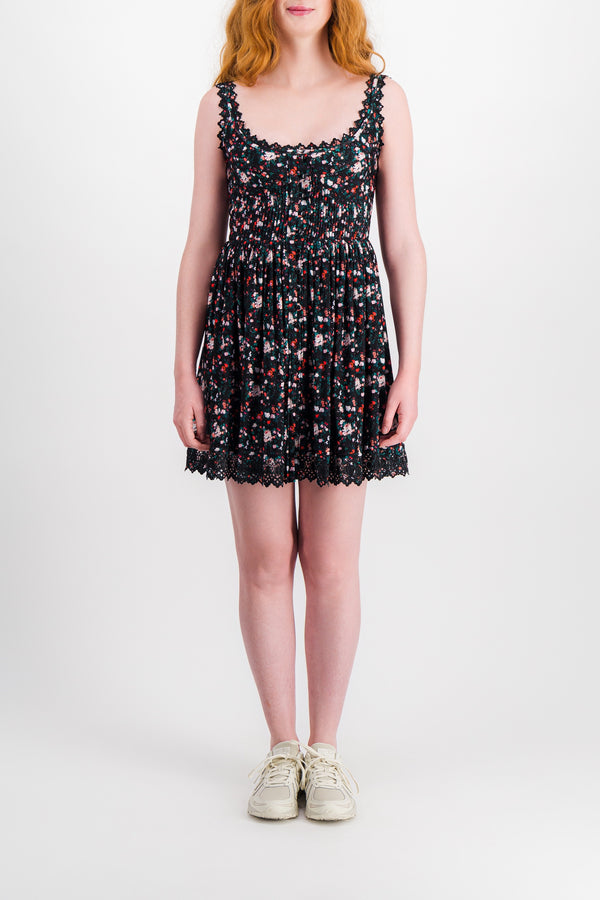 Flower printed mini dress with elasticated waist and lace details