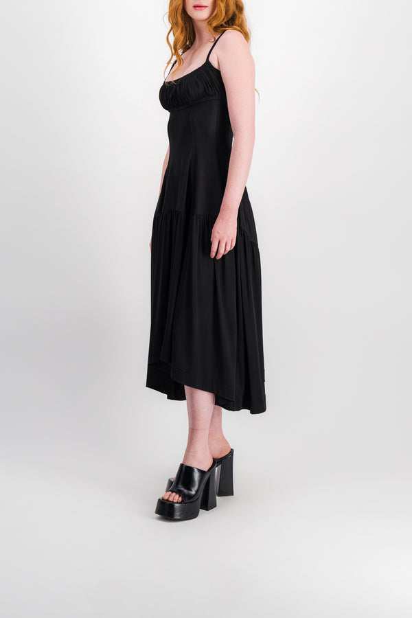 Fluid satin midi dress with fluted skirt