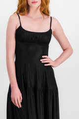 Fluid satin midi dress with fluted skirt