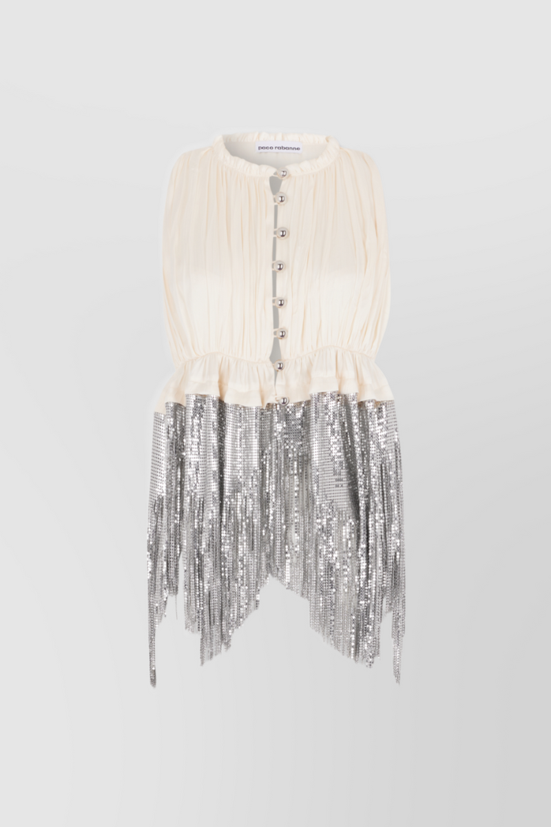 Paco Rabanne - Pleated satin mesh mix sleeveless crop top