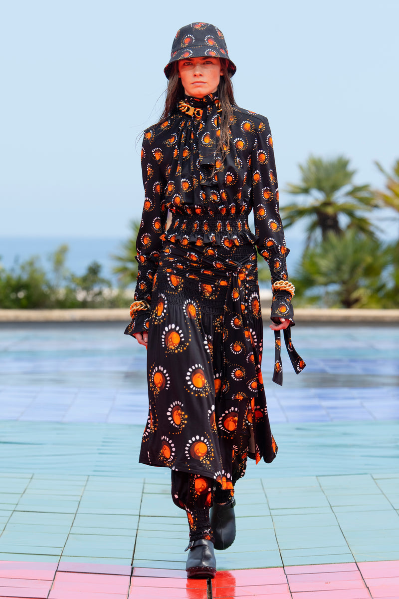 Paco Rabanne - Printed jersey cropped high neck ruffle blouse
