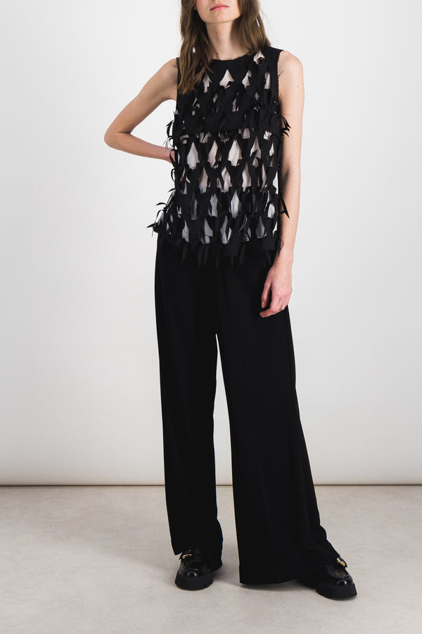 Bi-fabric top with cut-outs and contrast lining