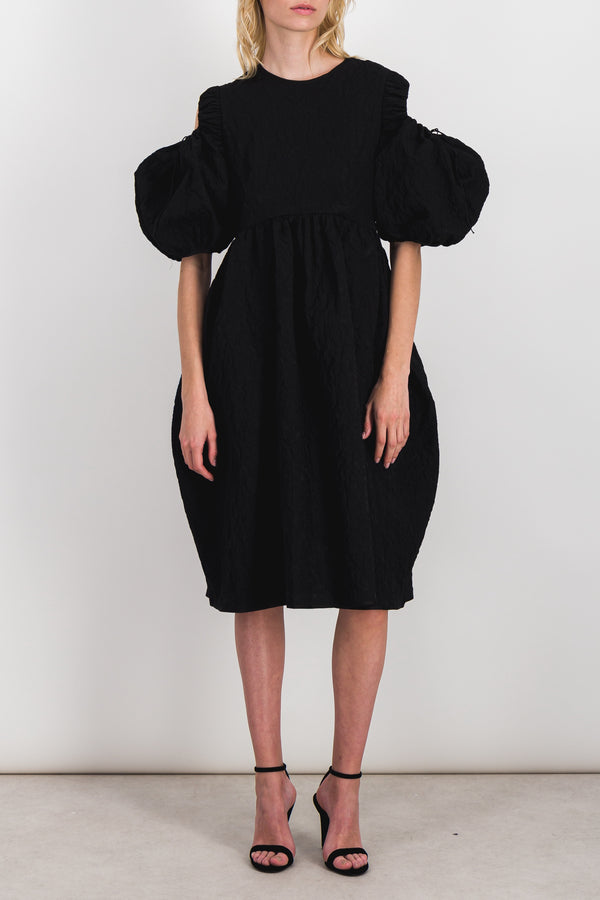 Matelassé puff sleeve dress with tulip skirt