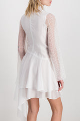 Fluid asymmetric dress with sheer trumpet sleeves