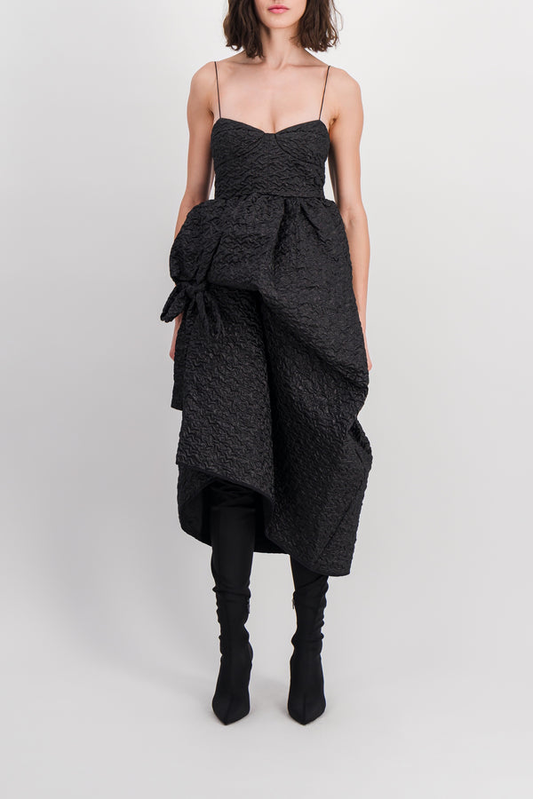 Bustier dress with asymmetrical skirt and bow