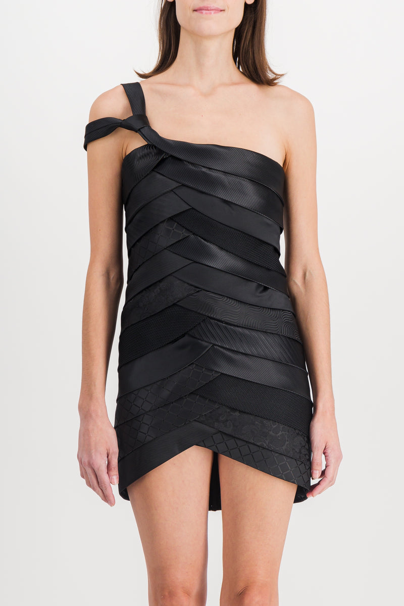 Coperni - One shoulder mini dress embroidered with upcycled ties
